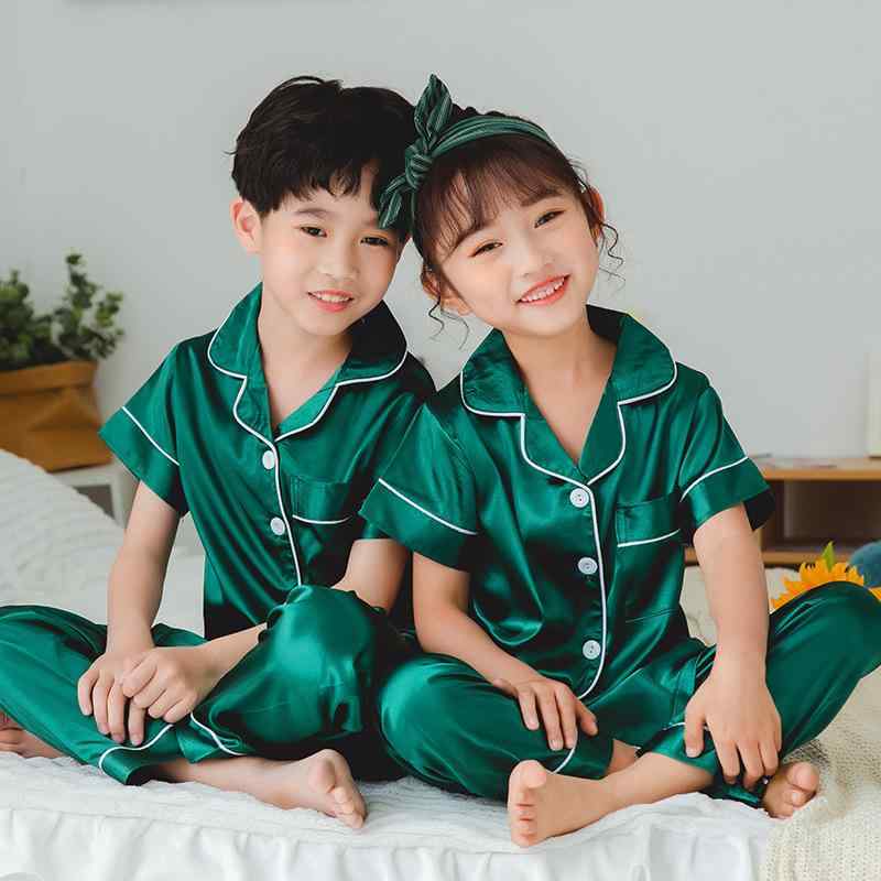 子供用パジャマ 上下セット 半袖長ズボン 接触冷感 薄手 ベビー キッズ 男の子 女の子 ルームウェア 部屋着 ピンク レッド グレー グリーン ブルー シャンパン色
