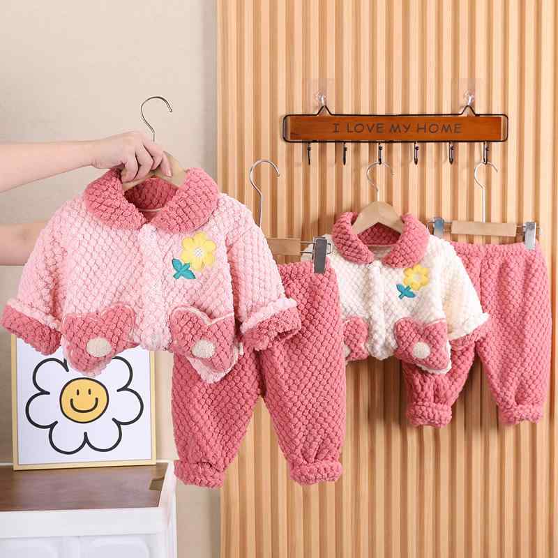 子供用パジャマ 秋冬 女児 2点セット 厚手 あったか 寝間着 部屋着 かわいい 花柄 襟付き ポリエステル ピンク系 ホワイト 80 90 100 110 120