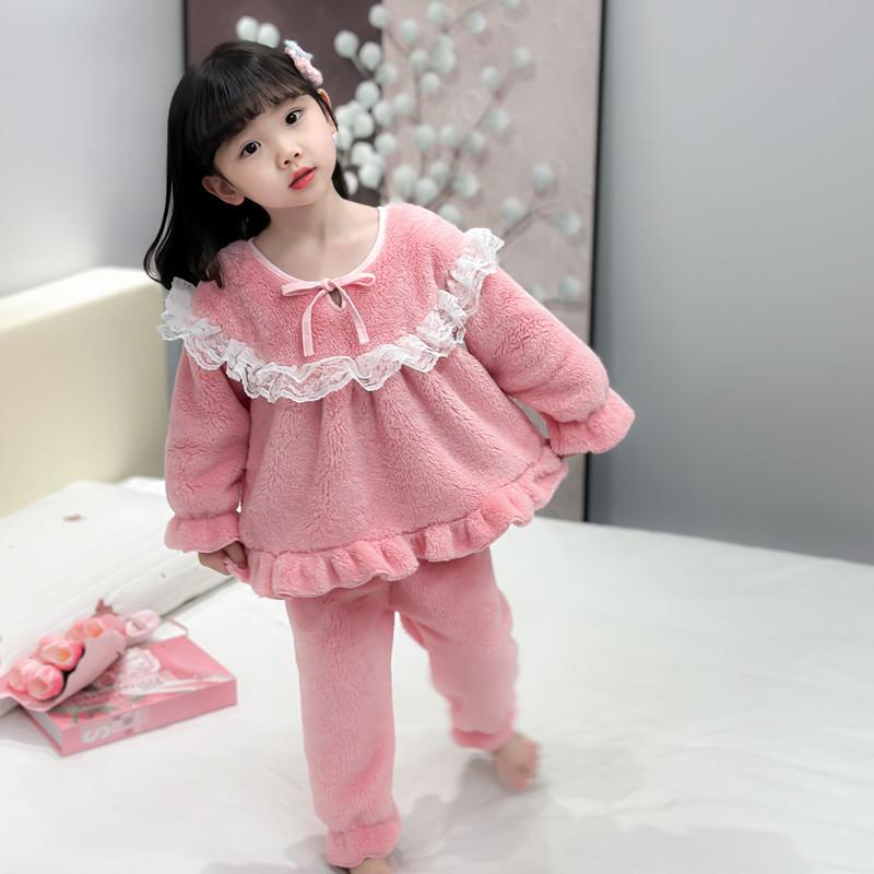 子供用パジャマ 女の子 フランネル レース かわいい 秋冬 上下セット ルームウェア 部屋着 ピンク 90 100 110 120 130 140