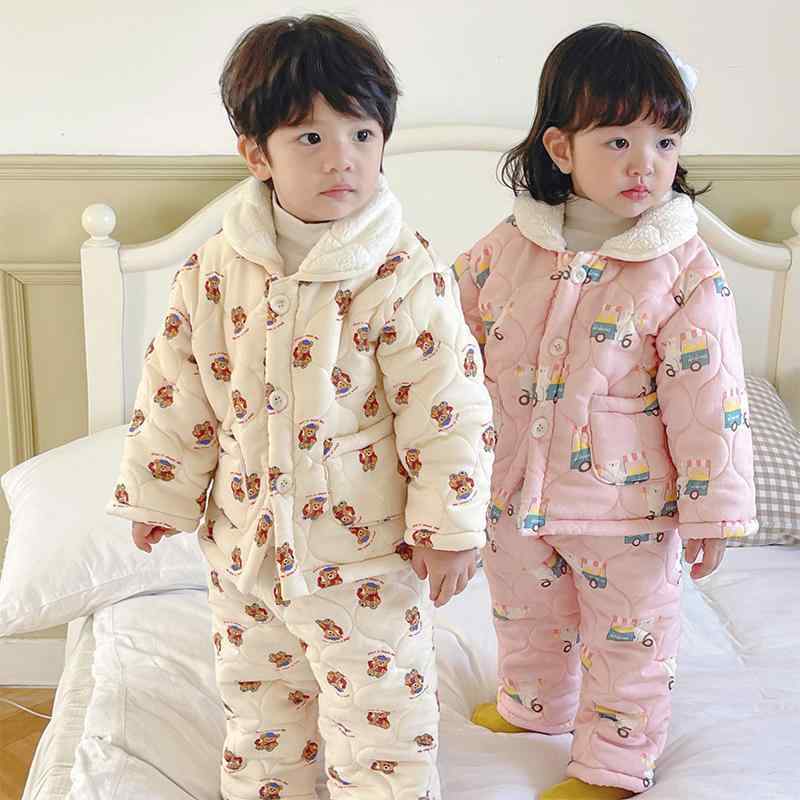 子供用パジャマ 秋冬 男の子 ベビー服 厚手 裏起毛 三層 暖かい 韓国風 かわいい 小熊 イチゴ柄 寝間着