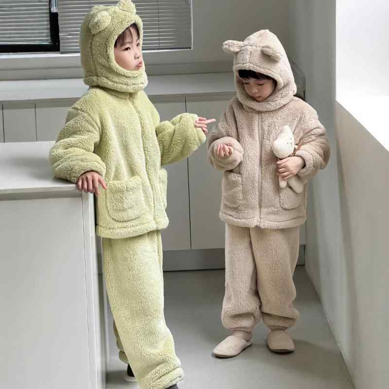 子供用パジャマ 上下セット 小熊耳フード付き 取り外し可能 フリース あったか 秋冬 部屋着 ルームウェア かわいい 110cm 120cm 130cm 140cm 150cm 160cm クリーム ピーチ ピンク系 ミルクティー ブルー グリーン グレ