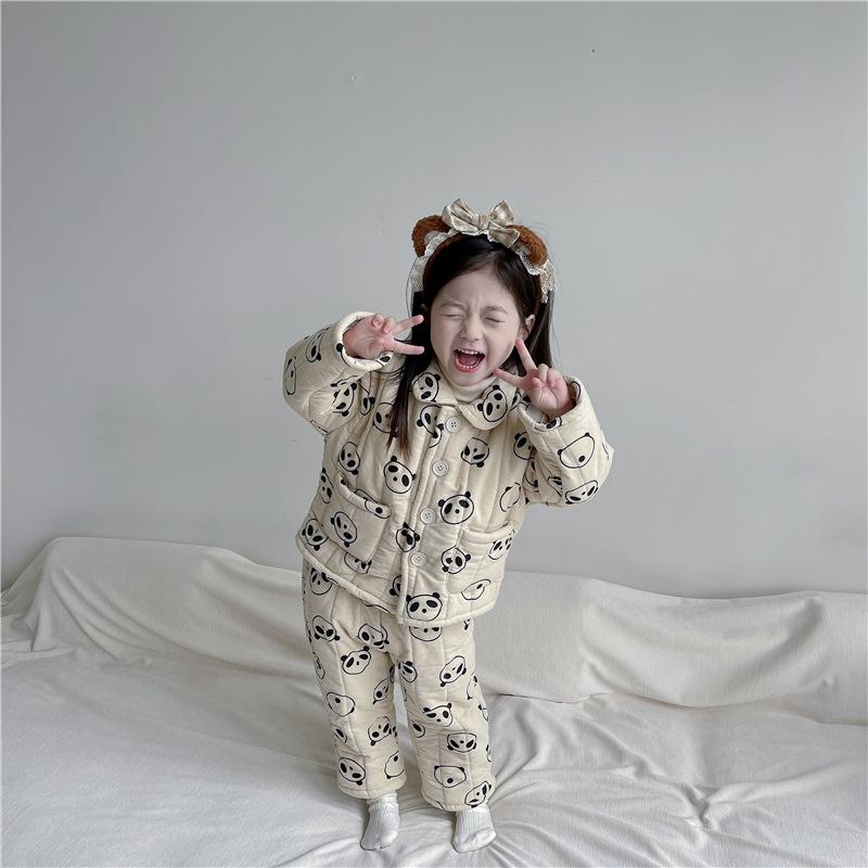 子供用パジャマ 上下セット 厚手 裏起毛 韓国子供服 男の子 女の子 熊猫柄 キルティング加工 部屋着 綿100％ 秋冬