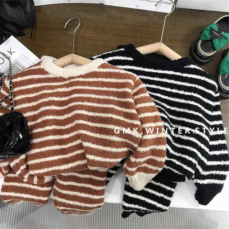 子供用パジャマ ニット 秋冬 男女兼用 ストライプ柄 ふわふわ 部屋着 上下セット 綿 あったか 保温