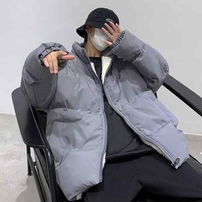 綿入りジャケット 男性用 裏起毛 ブルゾン ストリート系 無地 ポリエステル 普段使い 襟付き ブラック グレー アイボリー
