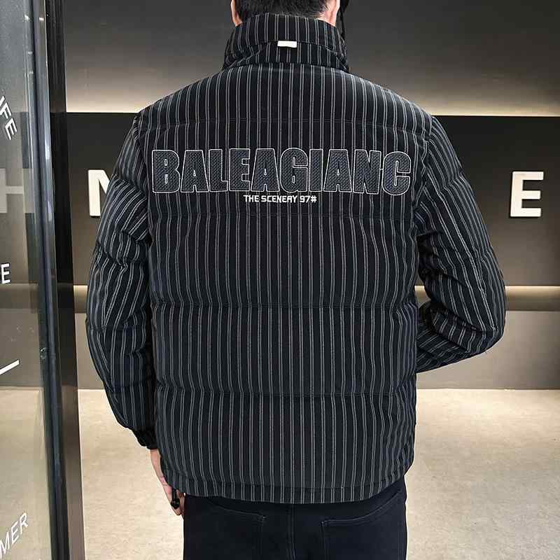 羽絨服 メンズ 男性用 立襟 ストライプ PUレザー 防風 防寒 暖かい 合体型 ブラック 冬