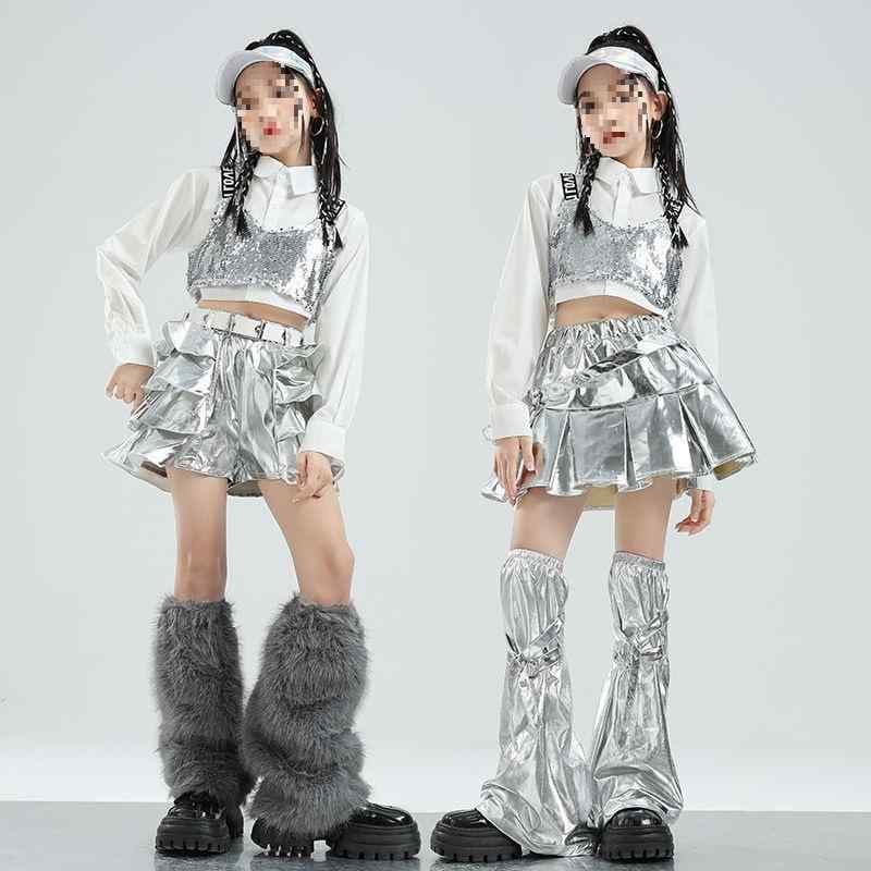 ダンス衣装 子供服 女の子 ガールズ ジャズダンス 韓国風 シルバーベスト レザー スカート パンツ ショーパン 発表会 舞台用 練習着 レッスン着