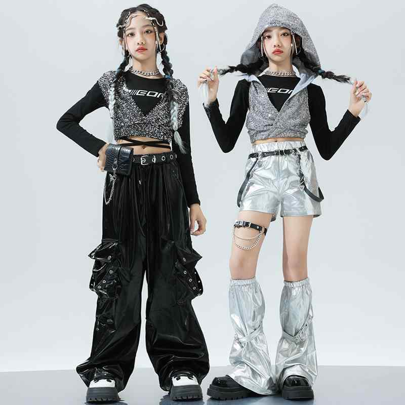 ダンス衣装 ガールズ ジャズダンス ストリートダンス スパンコール セットアップ キッズ 女の子 ショー 舞台 発表会 レッスン着 トップス パンツ ダンスウェア 黒 シルバー 110cm 120cm 130cm 140cm 150cm 160cm 17
