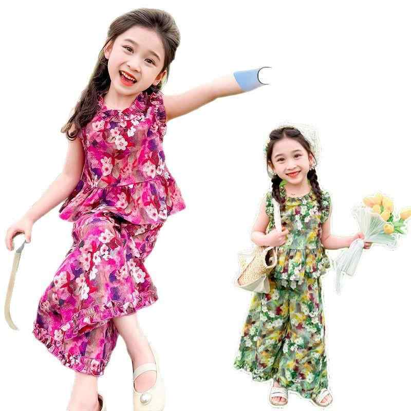 子供服 ノースリーブ セットアップ ガールズ 花柄 ワイドレッグパンツ 上下セット 春夏 かわいい おしゃれ 普段着 部屋着