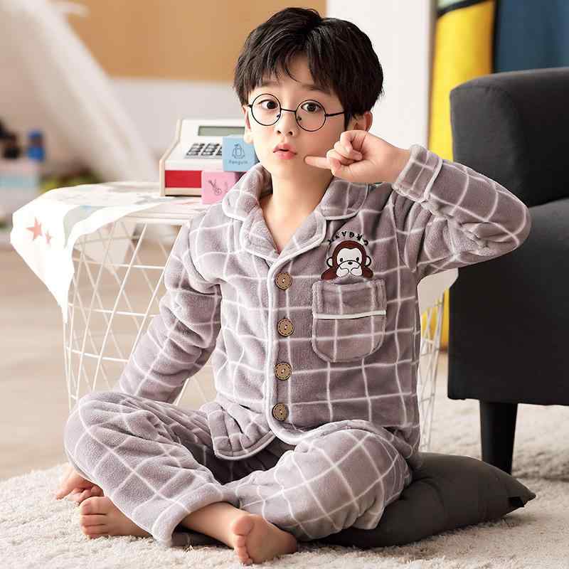 パジャマ 男の子 キッズ ジュニア フランネル ルームウェア 上下セット 厚手 暖かい 寝巻き ポリエステル 学院風 秋 冬 ボーイズ 子供 8歳 10歳 12歳 14歳 16歳 S M L XL