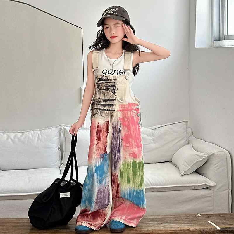子供服 オーバーオール 女の子 デニム サロペット 夏 かわいい ゆったり ワイドレッグ ロングパンツ ペイント グラフィック 高学年 普段着