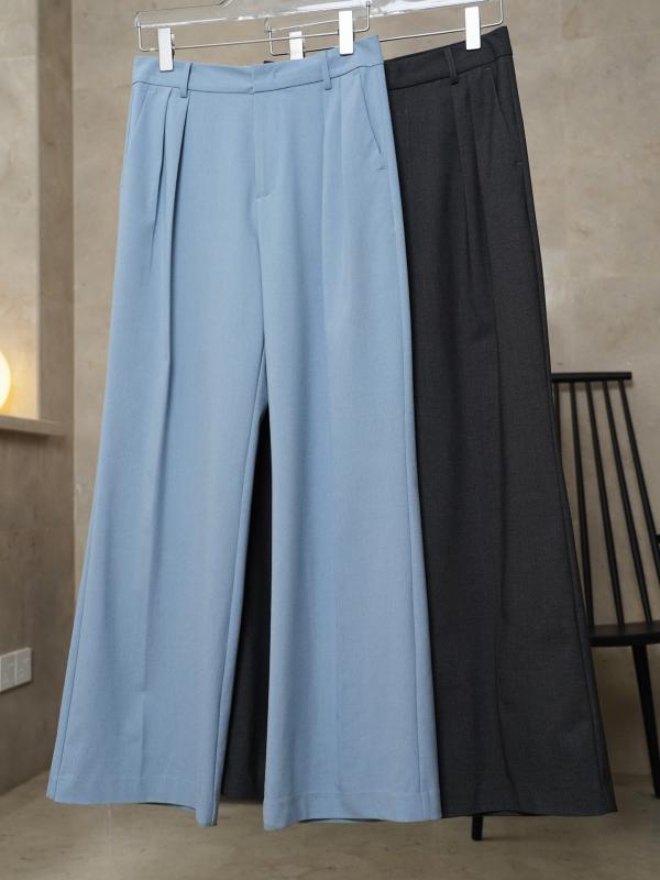 パンツ レディース 春 高腰 ウールブレンド ワイドレッグパンツ ゆったり テーパードパンツ 美脚 ロングパンツ オフィス カジュアル きれいめ 普段使い ダークグレー ブルー｜イーマイショップ
