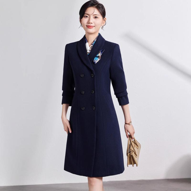 コート レディース 紺色 毛織 ウール ロング丈 秋冬 オフィス ホテル フロント 受付 制服 厚手