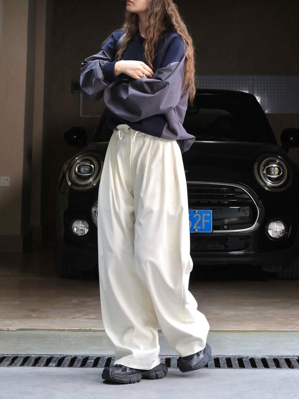パンツ レディース 秋冬 日韓 カジュアル ゆったり ワイドレッグ ウール ポリエステル 切り替え ミディアムウエスト 米白色 グレー S M L