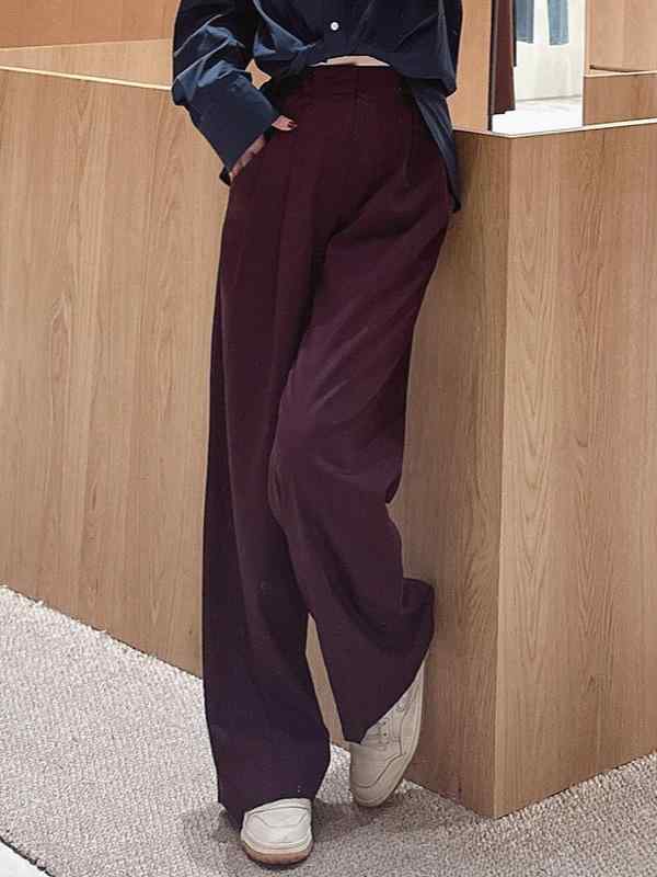 パンツ レディース 秋冬 ウール混 ストレート ズボン カジュアル 通勤 ミディアムウエスト 無地 黒 ブラック 赤 レッド ブラウン XS S M L