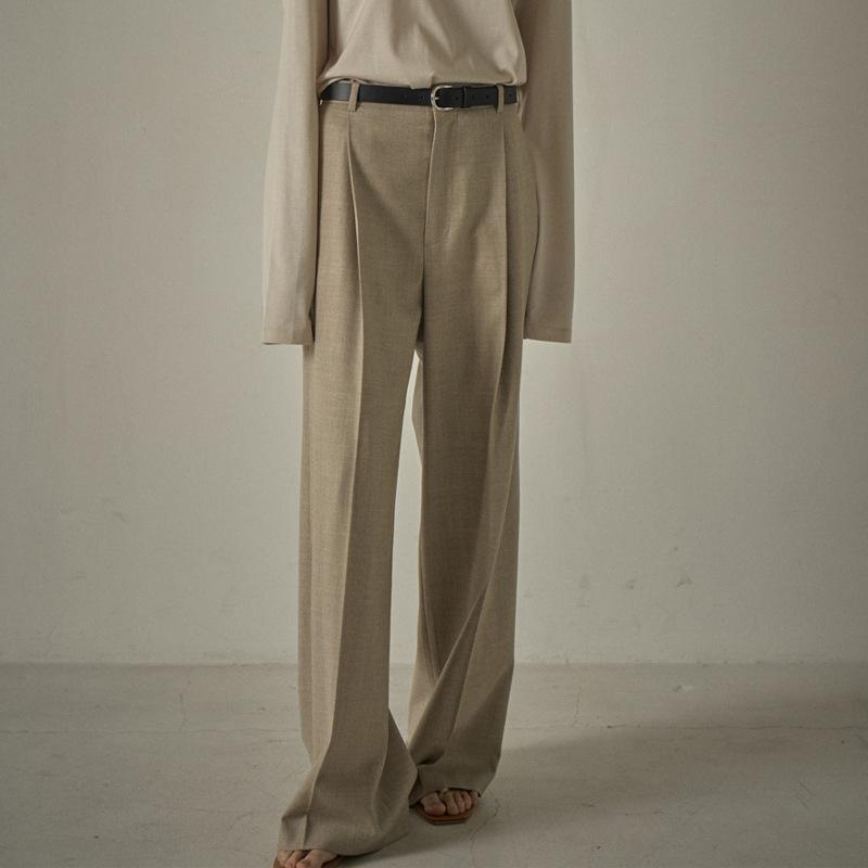 パンツ レディース 春秋 高見え ワイドパンツ ウール混紡 ゆったり ストレート スラックス オートミール チャコールブラック オフィス カジュアル｜イーマイショップ