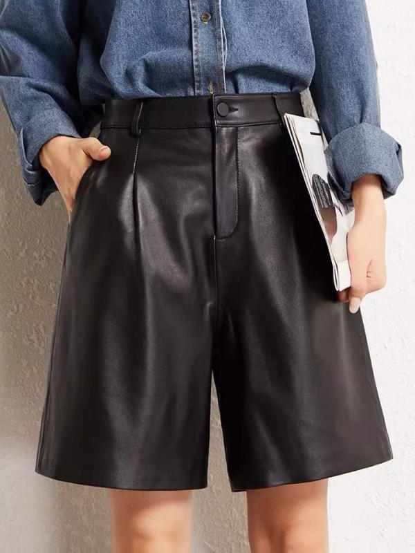 パンツ レディース 春秋 羊革 高品質 本革 Aライン ワイドレッグ カジュアル ブーツカット 5分丈 ハーフパンツ ショートパンツ ブラック M L XL 2XL 3XL 高見え 高級感