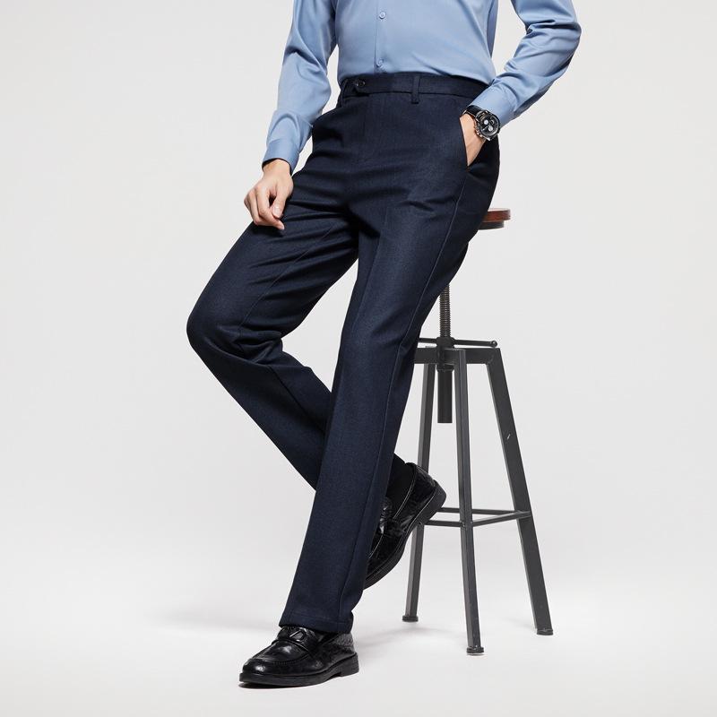 パンツ 男性用 ウール 混紡 スラックス ビジネス カジュアル ストレート ゆったり 厚手 秋冬 黒 紺 高身長 ミドルエイジ 向け