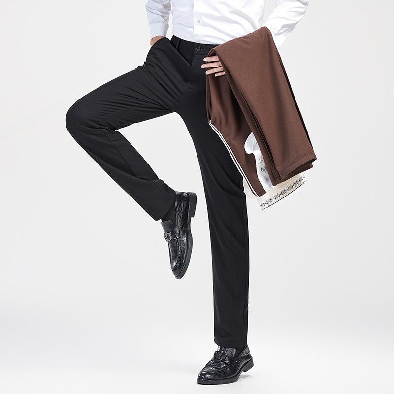 パンツ 男性用 ビジネス カジュアルパンツ 厚手 柔らかい 防しわ加工 ウエストゴム ストレート ズボン 黒 カーキ グレー 秋冬