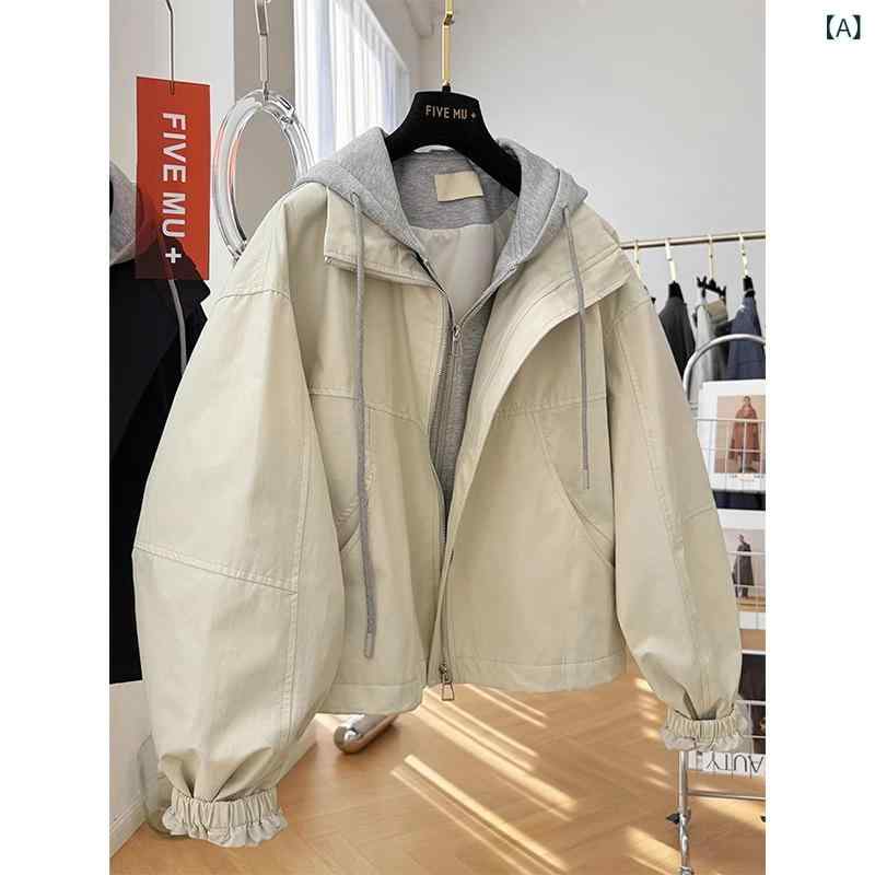 パーカー レディース 韓国風 高見え フード付き 切り替え フェイクレイヤード ショート丈 ジャケット アウター 春秋 きれいめ ブラック 黒 アプリコット