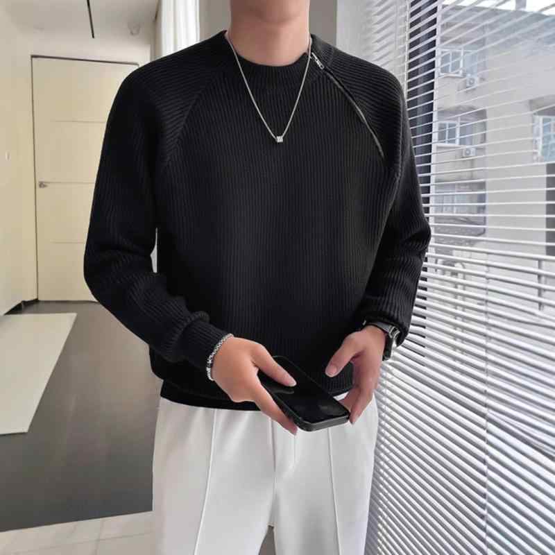 ニット メンズ 男性用 ファッション ラウンドネック 斜めジッパー 無地 伸縮性 プルオーバー 普段使い トップス 秋冬