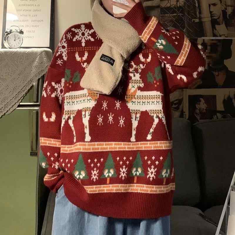 ニット メンズ クリスマス 厚手 冬 ペア セーター 韓国風 ゆったり 暖か プルオーバー トップス 長袖 ティーン レトロ カジュアル 赤 緑 青