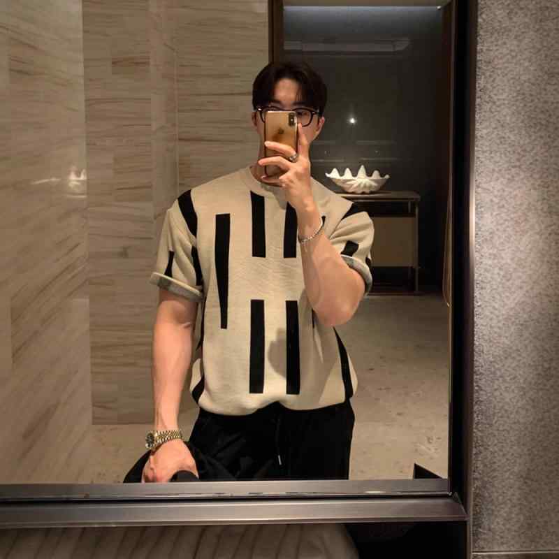 Tシャツ 男性用 ニット 半袖 韓国風 ストリート 丸首 トップス 普段使い リラックス おしゃれ着 ベージュ系