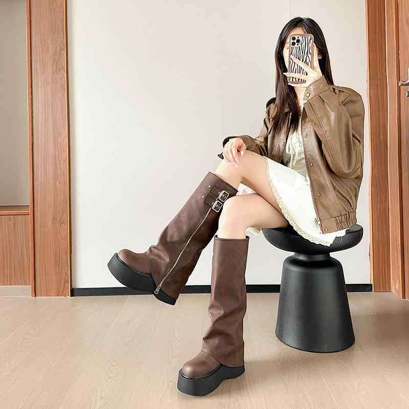 ブーツ レディース 厚底 ロングブーツ はたご屋踵 背が高い値段でなる 乗り尻ブーツ ラウンドトゥ 成人女性用 美脚 表現スタイル引き上げる 黒 赤銅色 秋冬