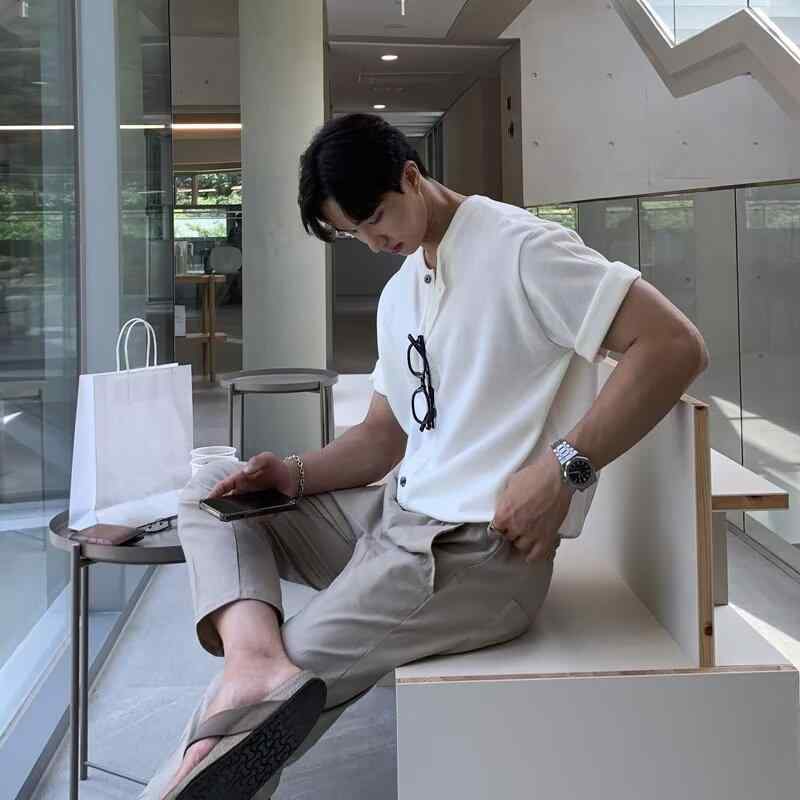 ニット カーディガン メンズ 半袖 トップス ラウンドネック 薄手 接触冷感 配色 切り替え 普段使い 部屋着
