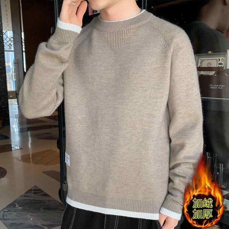 ニット メンズ 男性用 裏起毛 トレーナー 秋冬 韓国風 スリム クルーネック プルオーバー トップス リブ 伸縮性 通気性 ブラック グレー カーキ