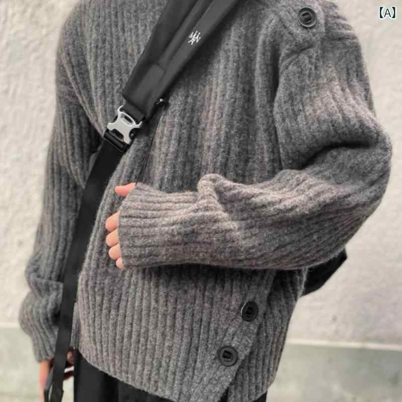 ニット メンズ カーディガン レトロ 高見え ダークグレー トップス 長袖 春秋 韓国風 リブ編み ラグラン袖 ドロップショルダー ゆったり 普段使い