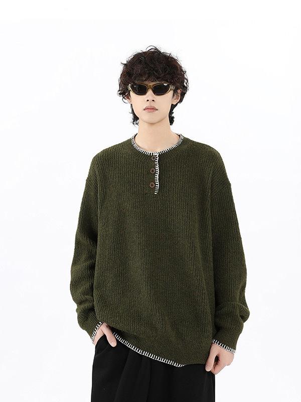 ニット メンズ ニットセーター プルオーバー ラウンドネック 長袖 ゆったり 普段使い 韓国風 秋冬 暖かい 黒 緑 ポリエステル