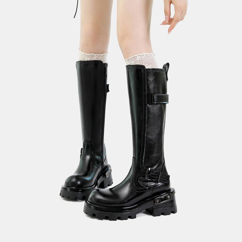 ブーツ レディース 騎士ブーツ 厚底 本革 高筒ブーツ メタルパーツ 黒 ジョッキーブーツ 美脚 秋冬