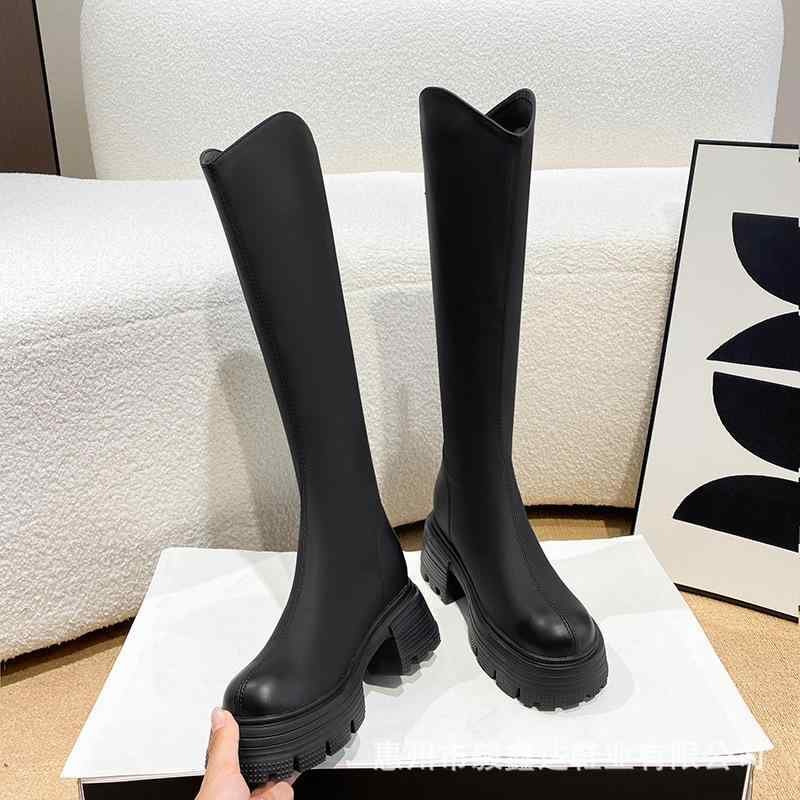 ブーツ レディース 膝下丈ブーツ 厚底 チャンキーヒール ラウンドトゥ 本革風 練りあわせるなめし革 雨合羽 上滑り打ちきり 高身たけ 美脚 歩き分かりやすい 履き分かりやすい 黒 赤銅色 カーキ 烏兎冬