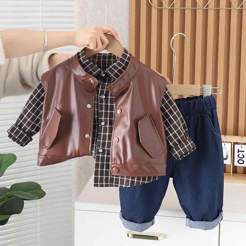 キッズ ボーイズ 春秋 セットアップ 子供服 ベビー服 長袖シャツ パンツ ベスト 3点セット おしゃれ かわいい 普段着 部屋着 コットン
