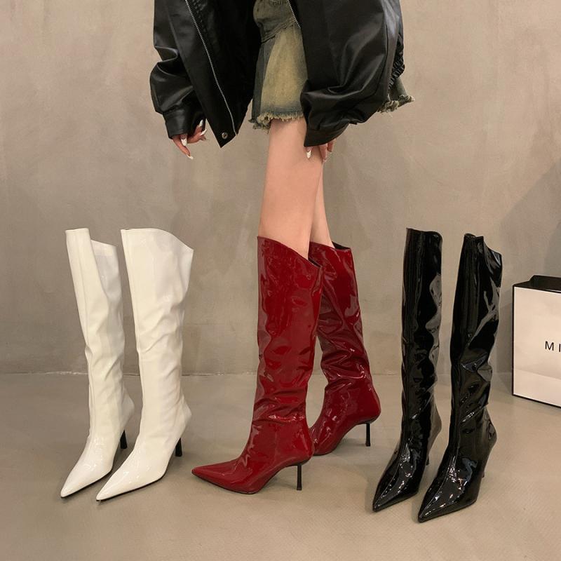 ブーツ レディース ポインテッドトゥ ハイヒール 6cm 7cm 8cm 履きやすい 歩きやすい 美脚 高筒 ストレッチ 細見え スタイルアップ 婦人靴 秋冬 赤 黒 白