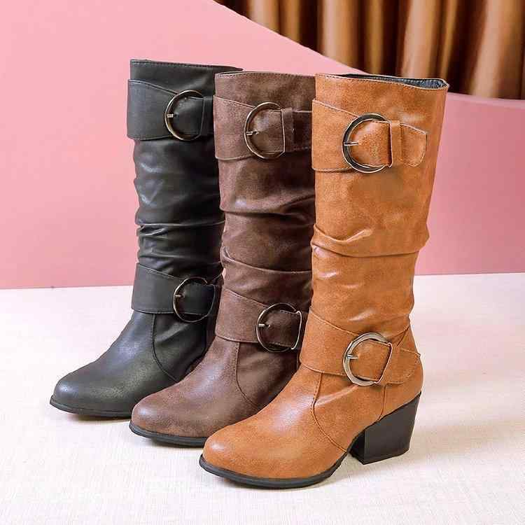 ブーツ レディース 大きいサイズ 乗馬ブーツ 秋冬 レトロ チャンキーヒール ハイカット 筒太 ロングブーツ 女性用 PUレザー ラウンドトゥ バックル飾り 無地 スムース 太ヒール 普段使い