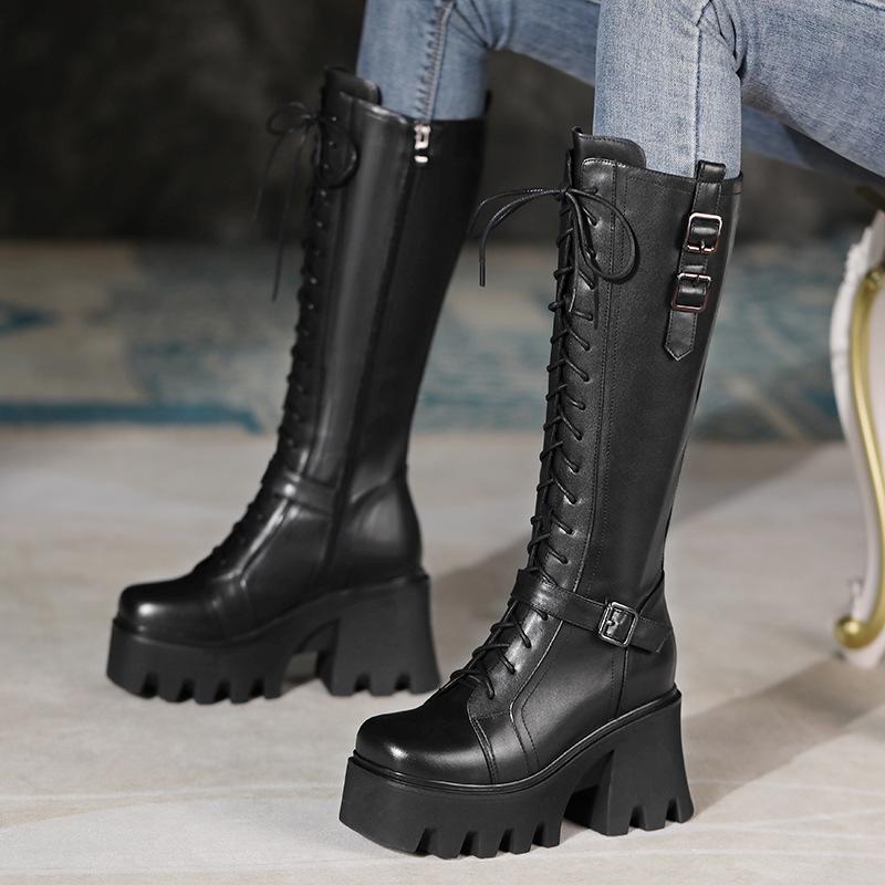 ブーツ レディース 女性用 婦人靴 復古 粗ヒール スーパーハイヒール 10cm シークレットインソール 牛革 防水 ミドル丈 ベルト飾り 黒 ブラック 茶色 ブラウン