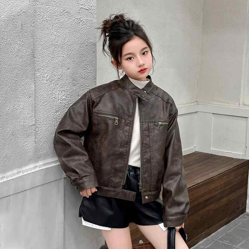 子供服 アウター ジャケット 秋冬 立襟 レザー 親子コーデ ブルゾン ショート丈 防寒 裏起毛 無地 ブラウン系 90 100 110 120 130 140 150 160
