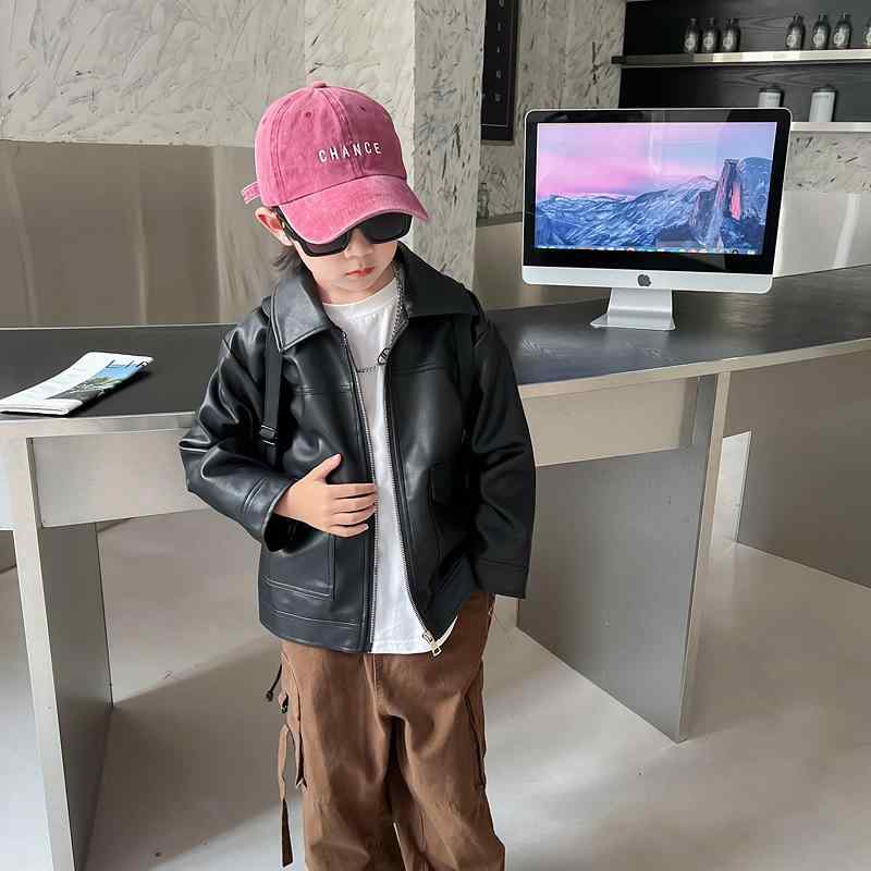 キッズ ジャケット 子供服 アウター 春秋 レザー風 Vネック 長袖 無地 韓国風 ブラック 普段使い