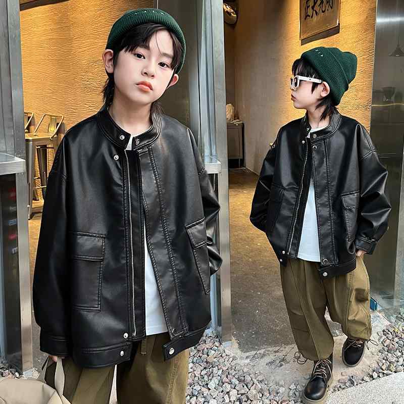 子供服 ジャケット 男の子 PUレザー ライダースジャケット 春秋 アウター カジュアル 長袖 ショート丈 トップス ブラック グリーン