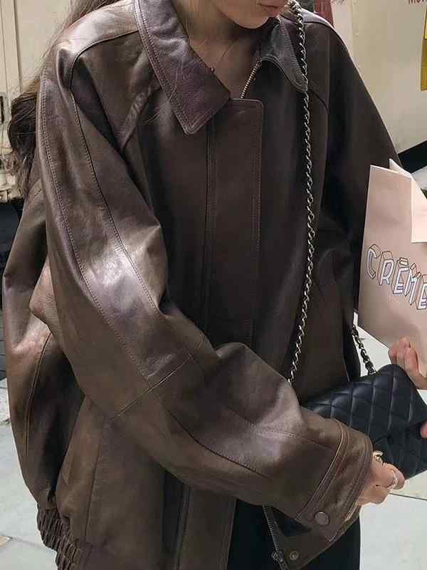 ジャケット レディース レザージャケット 翻 Collar 襟付き ゆったり 接触冷感 ブラウン ブラック