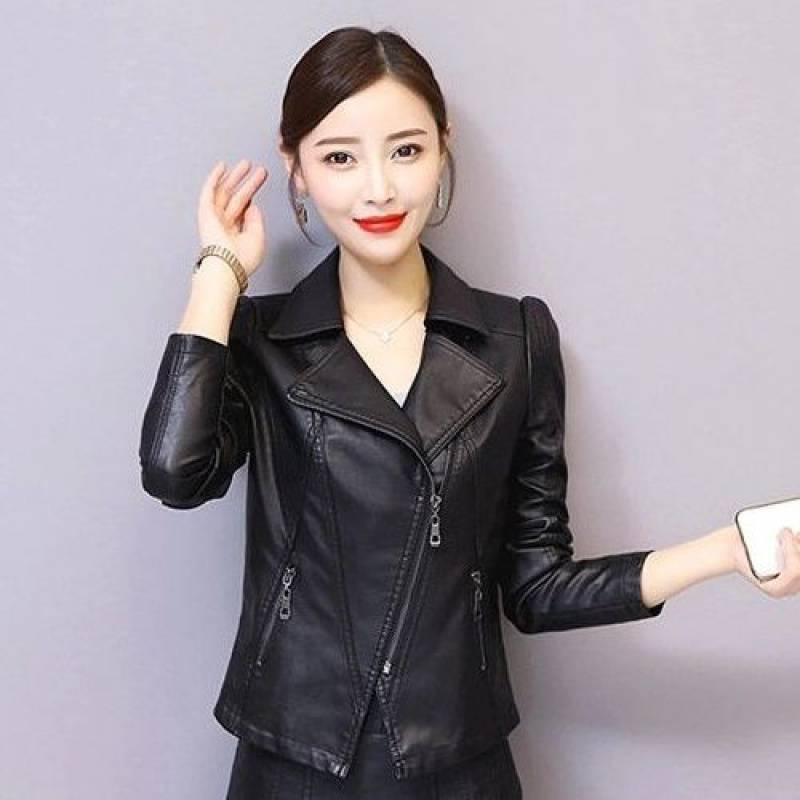 ジャケット レディース 春秋 女性用 ウォッシュドPU レザージャケット アウター ライダースジャケット スリムフィット ポロネック 長袖 アーバン 通勤 ブラック