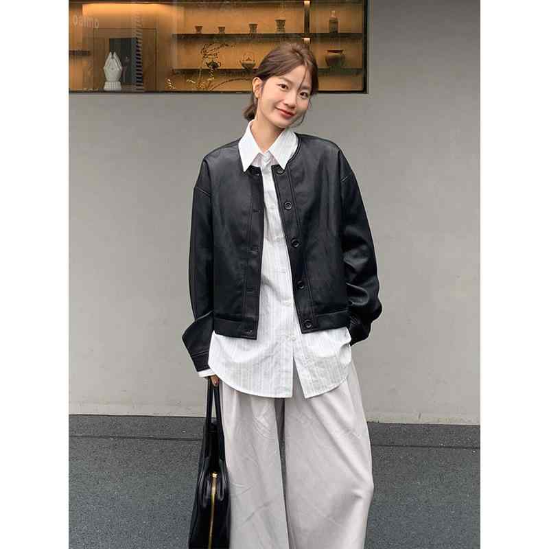 ジャケット レディース 韓国風 ファッション ゆったり PUレザー 人工皮革 ライトブラウン ブルー グレーパープル ブラック 長袖 カジュアル スタイル