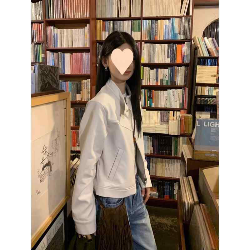 上衣 レディース 韓国風 フェイクレザー 上衣 象牙色 ライダース アウター 長袖 ゆったり 通い 好いたらしいめ コンサバ 成年者 執務室心地好い