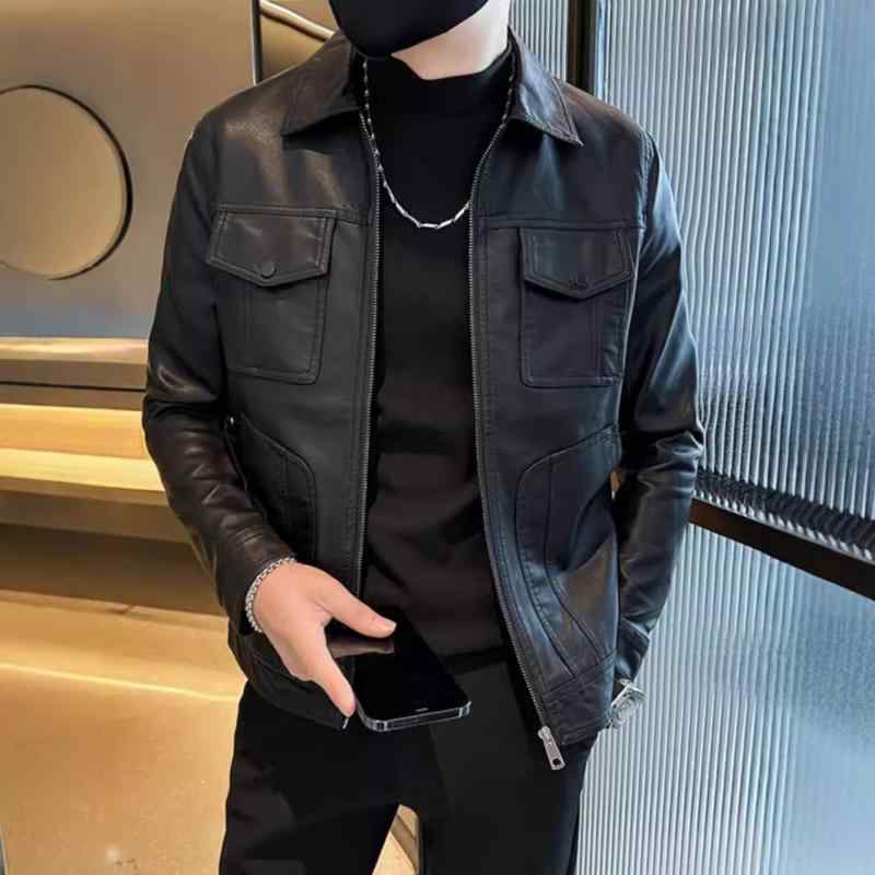 上衣 成人男性用 PUなめし革上衣 年月 アウター 襟付き添い人 か細い填まる 多衣嚢 黒いこと ライダースジャケット 普段使い走り 心地よい