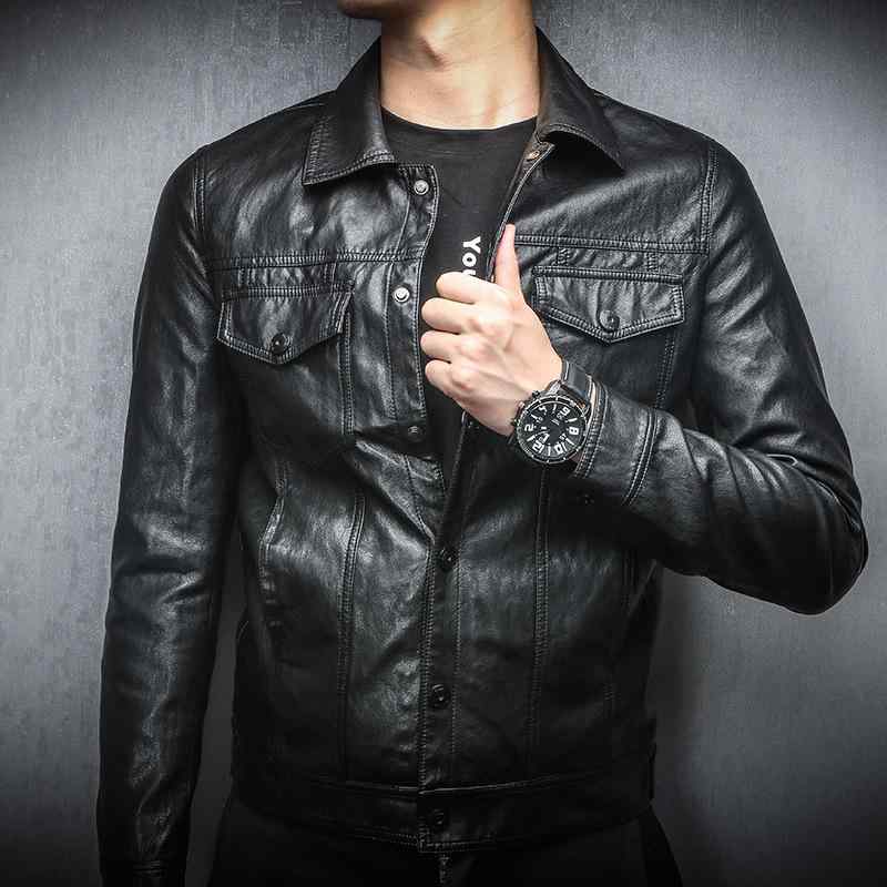 上衣 成人男性用 PUなめし革 上衣 秋冬 襟付き添い人 ジップアップ か細い相応う 黒 黒いこと 心地好い 自動自転車 アウター