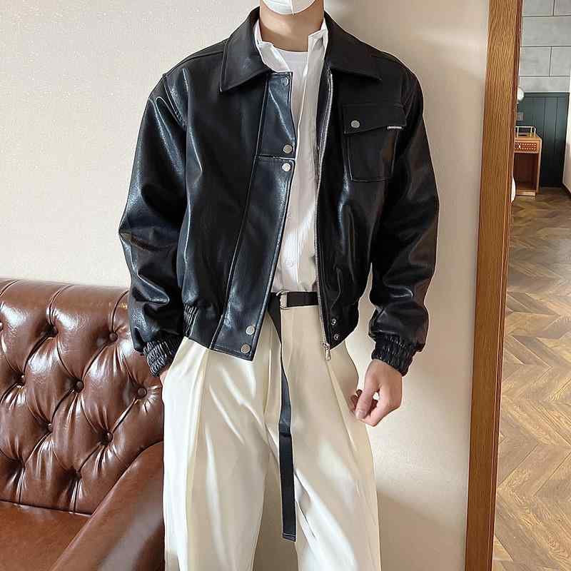ジャケット 男性用 PUレザー 秋物 韓国風 レトロ バイク ウェア アウター 黒 ブラック 無地 普段使い