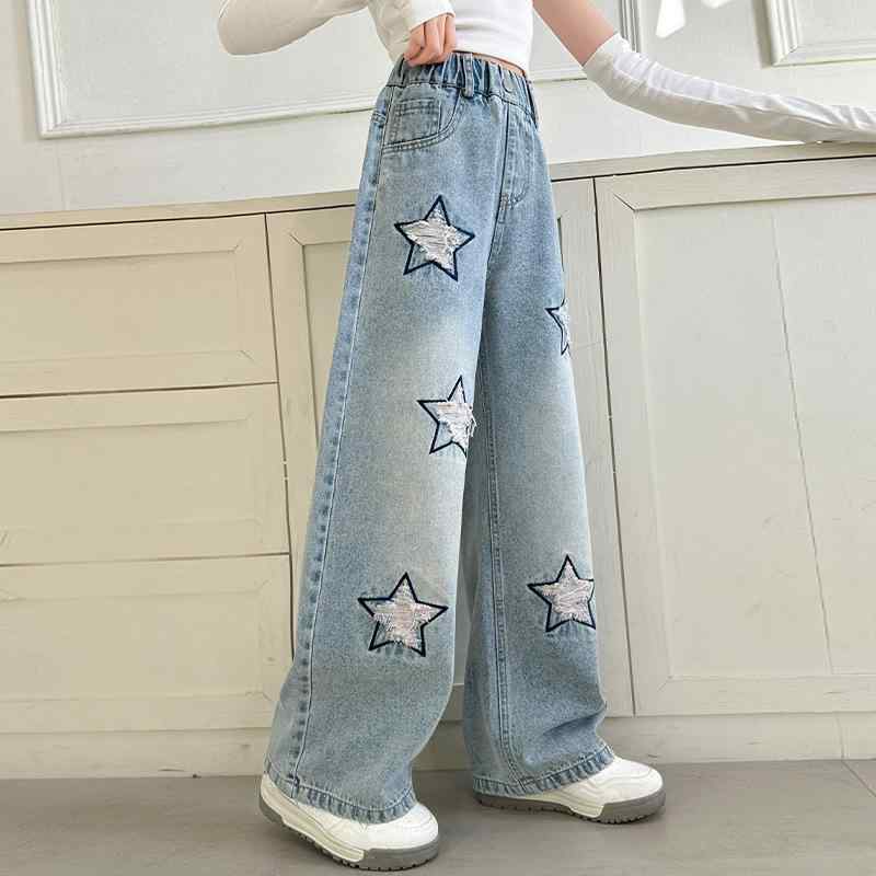 子供服 デニムパンツ ガールズ 韓国風 ワイドレッグパンツ 女の子 ジーンズ ジュニア ダメージ加工 長ズボン 中大童(8歳以上) ブルージーンズ 綿95% 普段着 通学着