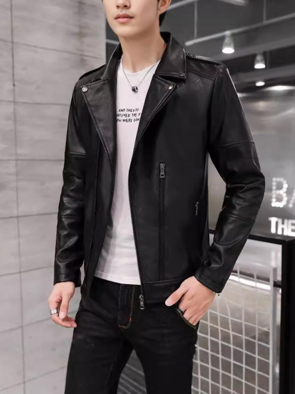 革ジャン メンズ 男性用 PUレザー ジャケット スーツ襟 ゆったりめ ミドル丈 ジッパー 黒 赤 ワインレッド カーキ 秋 カジュアル バイク アウター