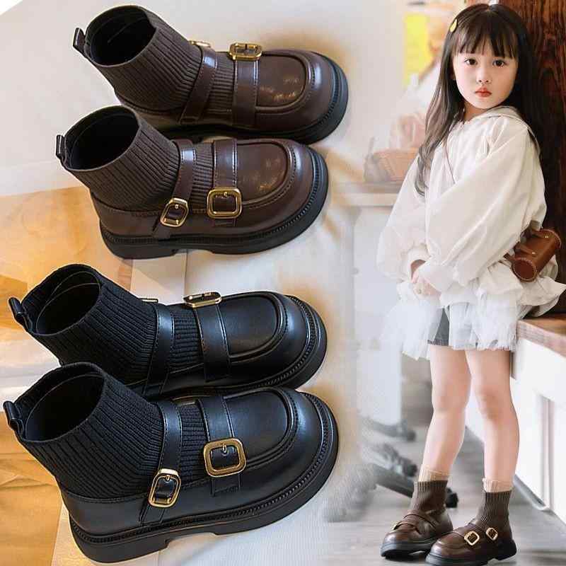 靴 キッズ 女の子 弾力 ソックスブーツ ショートブーツ プリンセス風 超繊PUレザー 春秋 メタルパーツ 無地 普段使い お出かけ